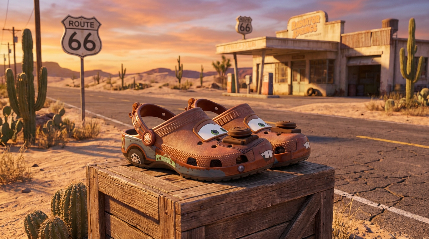Crocs Mate de Cars con acabado mate sobre fondo desierto Route 66