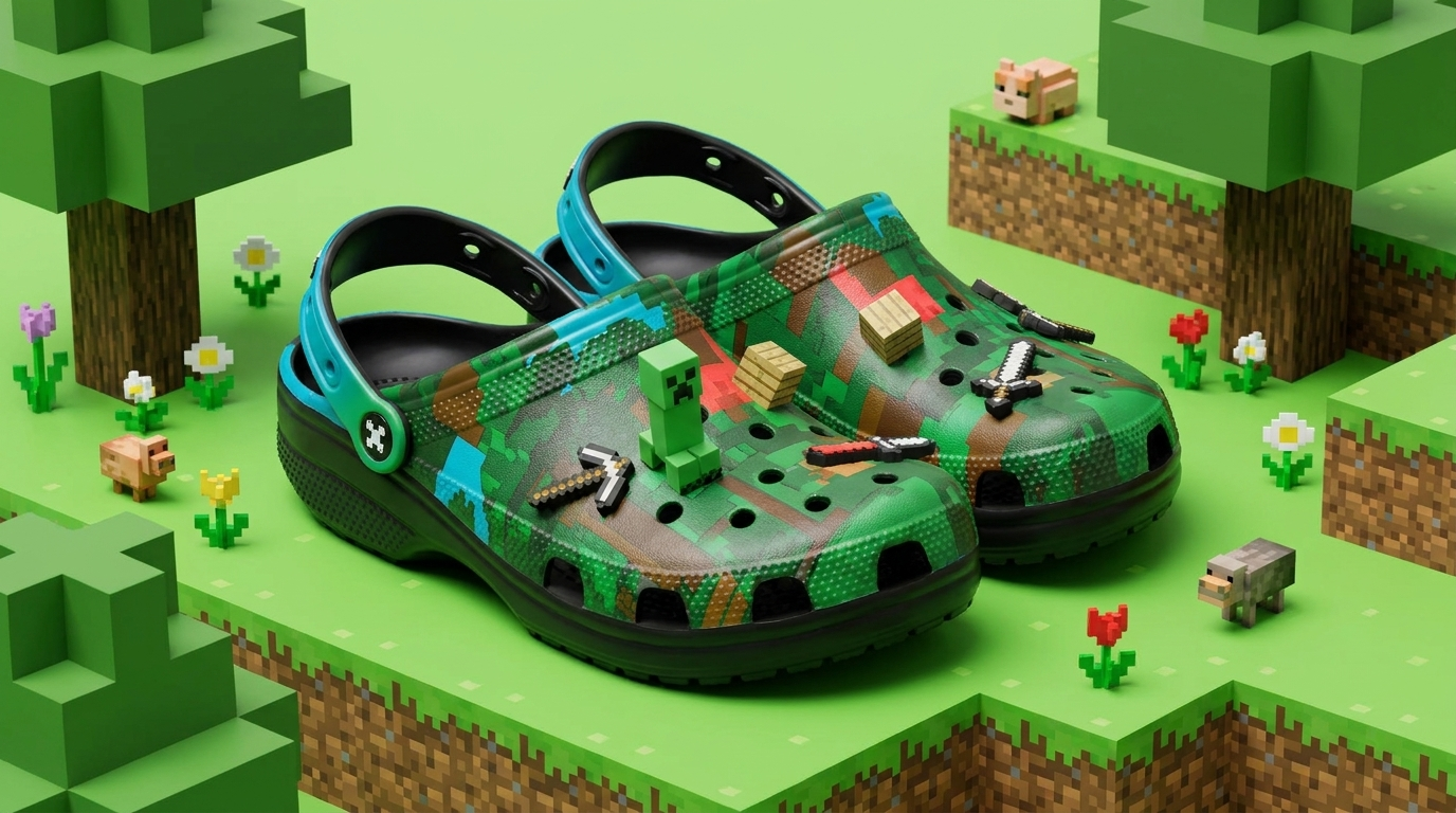 Crocs Minecraft pixeladas sobre fondo de bloques de hierba