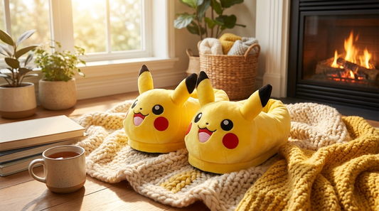 Pantuflas de personaje Pokémon sobre fondo de casa acogedor