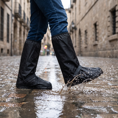Cubrebotas impermeables puestos caminando bajo la lluvia
