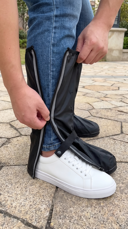 Cerrando la cremallera del cubrebotas sobre una zapatilla blanca