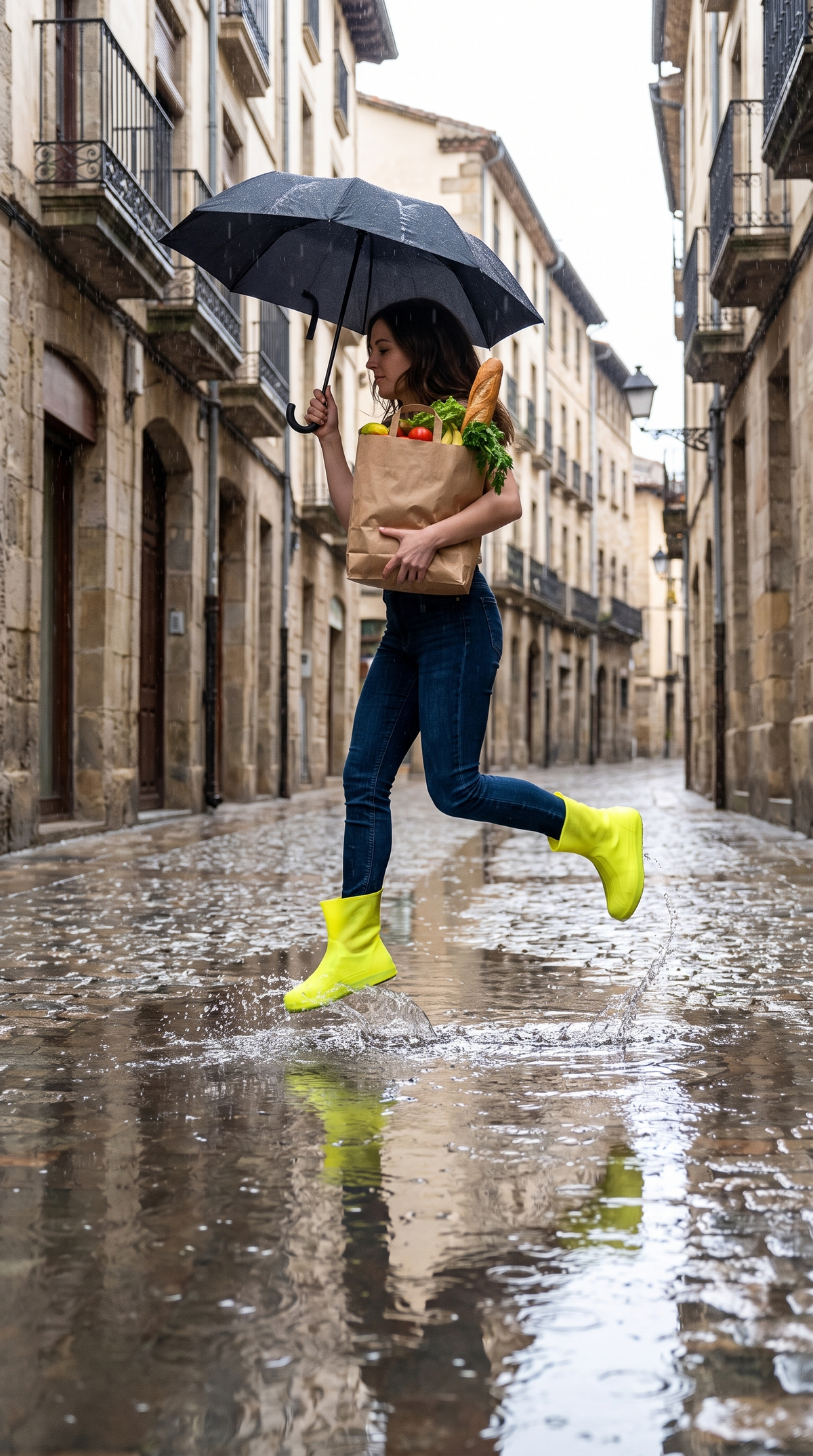 Chica saltando un charco con cubre zapatos de silicona amarillos y paraguas