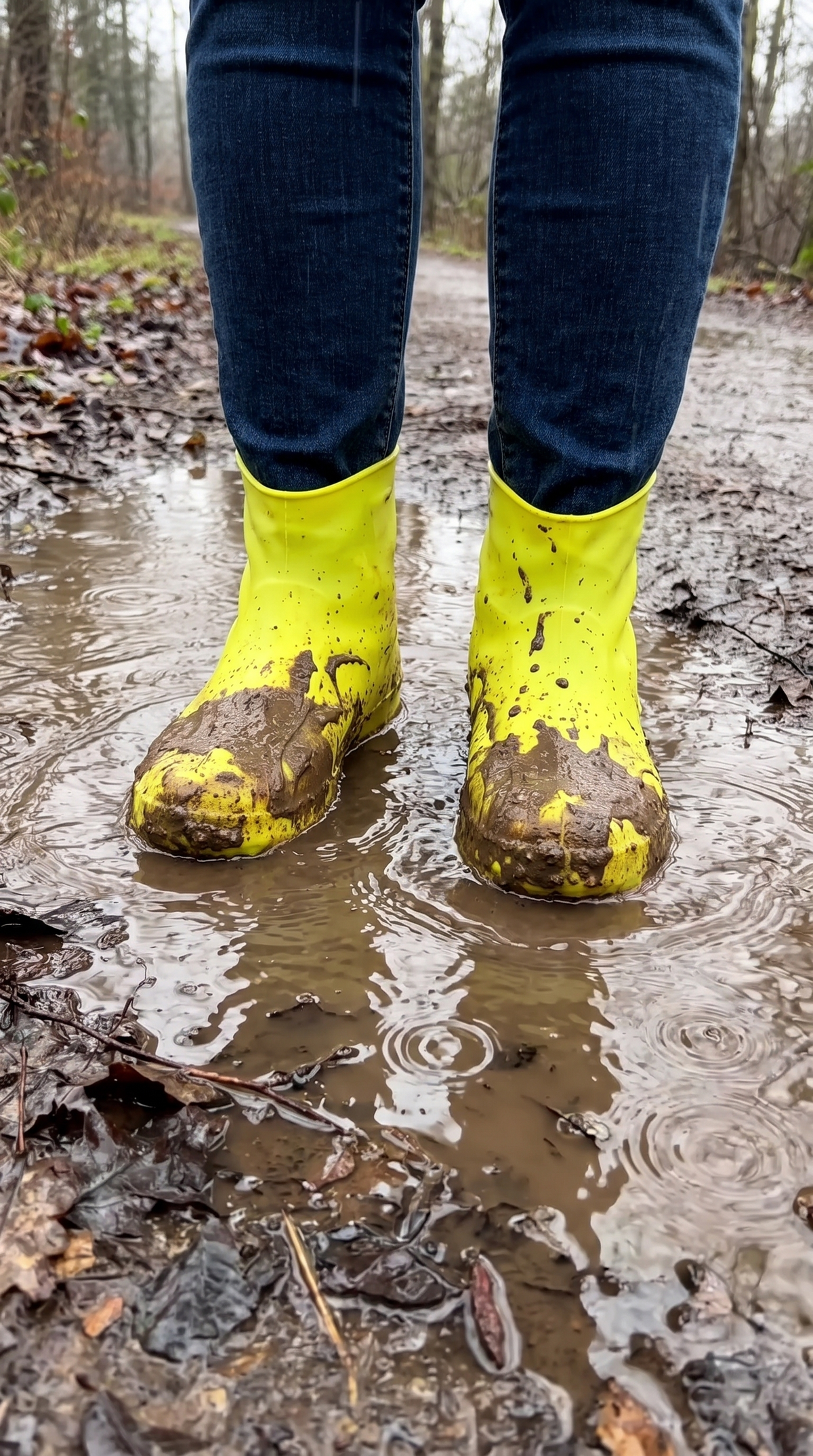 Cubre zapatos de silicona amarillos en un charco de barro