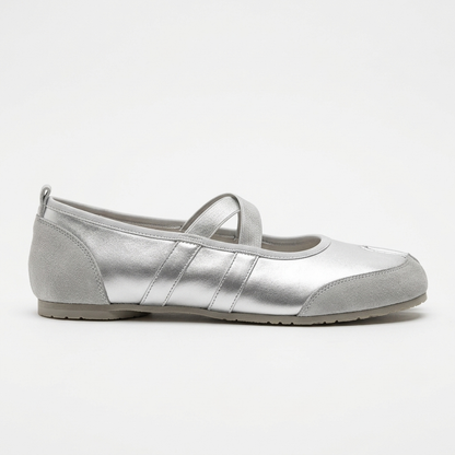 Merceditas Pezuña con Tiras Cruzadas plateadas - vista lateral