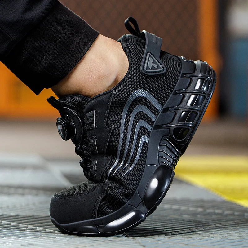 Zapatillas de seguridad con cierre rotatorio puestas, vista lateral