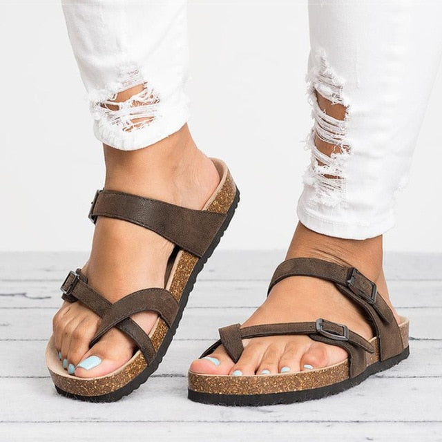 sandalias planas cuero mujer corcho antideslizante verano